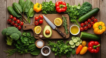 Fresh vibrant vegetables and herbs on rustic wood background offer healthy eating inspiration for your next food blog or wellness recipe promotion