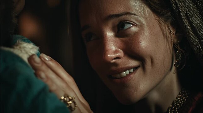 Close-up of Elizabeth&rsquo;s radiant, joyful face as she gently places a reverent hand on Mary&rsquo;s pregnant belly &mdash; a moment of divine connection and sacred feminine grace