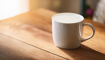 White Ceramic Coffee Mug On Wooden Table In Natural Light