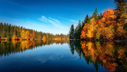 Obraz premium Peaceful Lake Reflection With Fall Colors