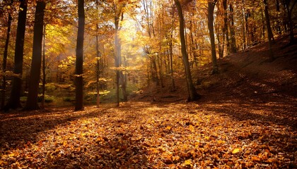 Obraz premium Golden Leaves Falling In A Serene Forest Setting