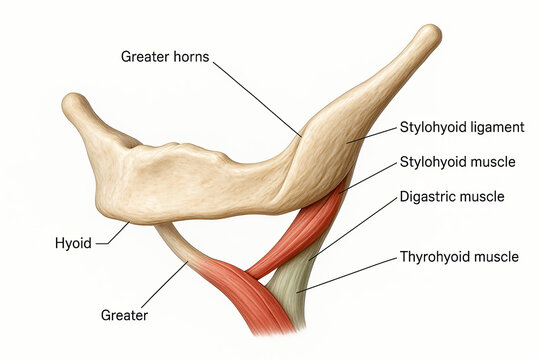 Anatomical illustration of the hyoid bone and associated muscles, showing greater horns, stylohyoid ligament, stylohyoid muscle, digastric muscle, and thyrohyoid muscle.