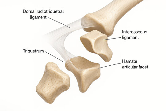 Anatomical illustration of the triquetrum bone and ligaments of the wrist, showing the dorsal radiotriquetral ligament, interosseous ligament, and hamate articular facet.
