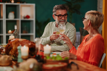 Senior couple toasting with white wine at christmas dinner