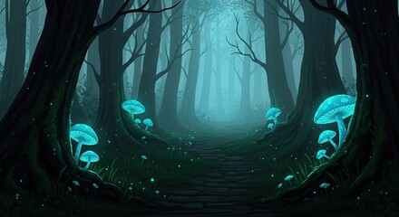 Enchanted glowing mushrooms light the path through a magical forest, perfect for fantasy book covers or mystical website backgrounds