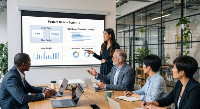 Asian businesswoman presenting product demo on projector screen to diverse agile team in sprint review meeting. Actual readable text on the screen