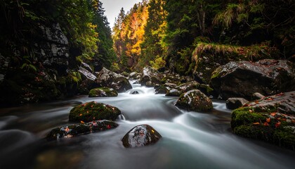 A tranquil stream flows through a rocky gorge, flanked by lush greenery and vibrant autumn foliage