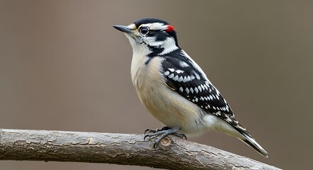 Cute Downy Woodpecker on Branch.