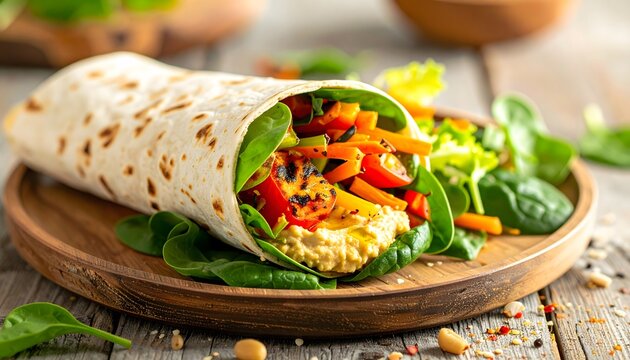 Healthy vegetarian wrap filled with creamy hummus, fresh spinach, sliced bell peppers, and carrots, served on a wooden plate, a perfect light lunch.