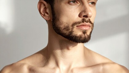 Fototapeta premium A portrait of a clean-shaven man with a strong jawline, illuminated by a soft light.