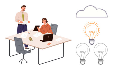 Two professionals brainstorming at a desk with laptop, documents, and phone alongside light bulb and cloud icons. Ideal for teamwork, innovation, creativity, problem-solving, strategy, collaboration