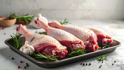 Raw turkey drumsticks seasoned with herbs and rosemary on a dark baking tray with garlic cloves, ready for roasting or smoking.