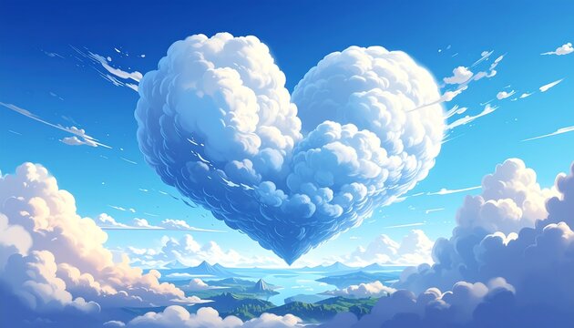 Dreamy heart shaped cloudscape art, a surreal romantic vista of love and fantasy