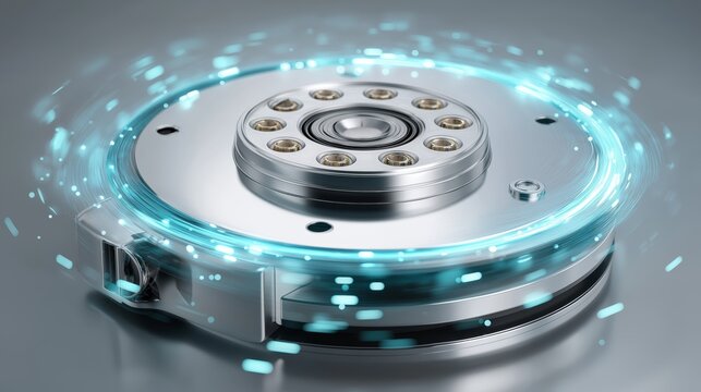 A futuristic metallic bearing disk emitting glowing energy rings symbolizing precision engineering, innovation, and advanced mechanical design, Generative AI - Powered by Adobe