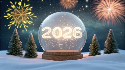 Glowing 2026 numbers inside a snow globe surrounded by festive christmas trees and colorful fireworks in a starry night sky
