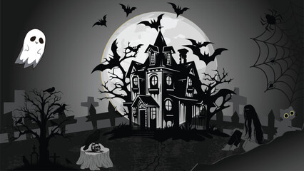 Spooky Halloween background with pumpkins, bats, haunted house, and full moon.