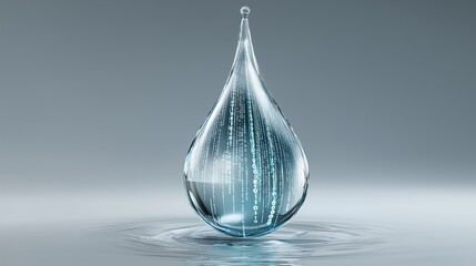 A transparent water droplet filled with binary code representing the fusion of data technology and purity within digital sustainability concepts, Generative AI