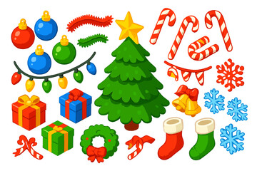 Festive Holiday Icons. Isometric vector illustration set Christmas Decorations: Christmas tree, baubles, string lights, tinsel,
