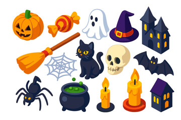 Fototapeta premium Spooky Decoration Kit. Isometric vector illustration set Spooky Decoration Kit: pumpkin, candy, ghost, witch hat, broomstick,