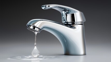 Close up chrome faucet with clear water droplet symbolizing purity, conservation, resource saving, hygiene, and eco-friendly water usage, Generative AI