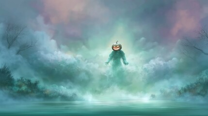 Fototapeta premium Eerie scarecrow ghost with glowing pumpkin head rising from misty fog symbolizing Halloween horror fantasy and supernatural folklore theme, Generative AI