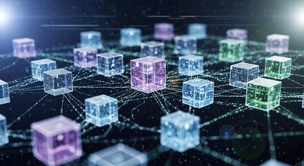 Dynamic blockchain network with interconnected nodes for secure data transmission, representing cutting-edge technology and modern digital infrastructure