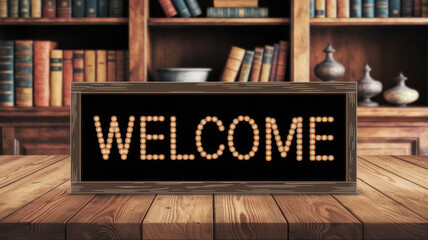 Welcome sign on a wooden table in front of a bookshelf filled with books.