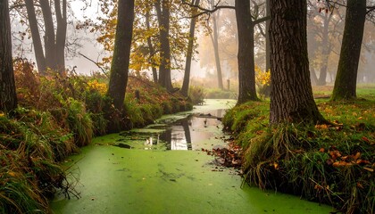 A tranquil woodland scene featuring a narrow waterway with vibrant green algae, flanked by trees exhibiting autumnal colors