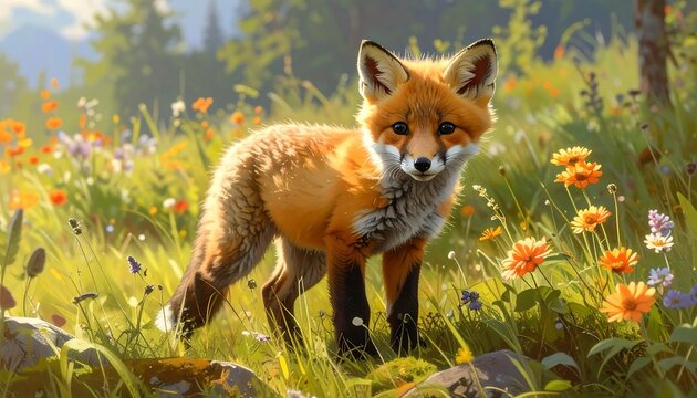 Curious Red Fox Kit in Sunlit Wildflower Meadow, Vibrant Nature Scene. - Powered by Adobe