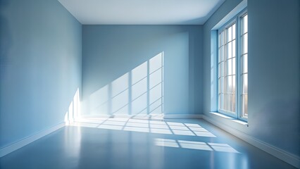 Obraz premium An empty room with light blue walls and a shiny floor, bathed in sunlight streaming through a large window, casting geometric shadows on the floor and walls