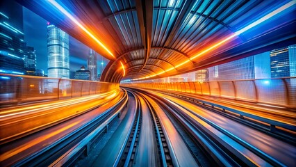 Fototapeta premium Highspeed train traveling through a futuristic city tunnel at night, with streaks of orange and blue light illuminating the tracks and modern architecture, conveying speed and progress