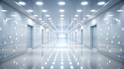 A long, brightly lit modern corridor with doors on either side and a futuristic, clean, and minimalist design, featuring reflective floors and ceiling lights creating a sense of depth and endlessness