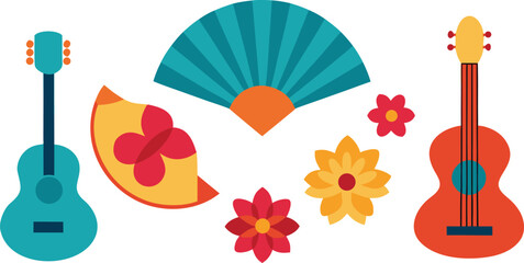 Vibrant hispanic heritage month icons guitar fan flowers fruit vector illustration eps isolated on transparent background