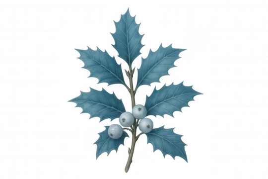 Holly branch with blue leaves and white berries, winter botanical illustration, transparent background - Powered by Adobe