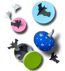 Halloween Paper Bats and Decorated Pumpkin - DIY Craft Flat Lay.