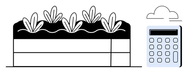 Crops growing in aligned rows in raised beds with a calculator and cloud, emphasizing agricultural planning. Ideal for sustainability, farming, technology, efficiency, management, education