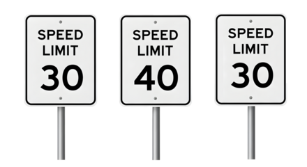 Set of three speed limit signs isolated on white background, round regulatory traffic icons for road safety, driving rules, and transportation control, perfect for highways, urban streets, and driver 