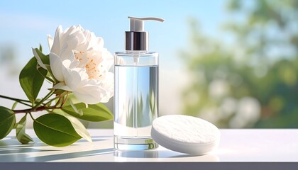 A transparent bottle of liquid, a white cotton pad, and a pristine white flower on a sunlit surface against a blurred green background