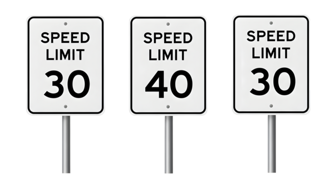 Set of three speed limit signs isolated on white background, round regulatory traffic icons for road safety, driving rules, and transportation control, perfect for highways, urban streets, and driver 