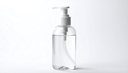 A transparent liquid is contained in a clear, cylindrical plastic bottle with a white pump dispenser. The background is white