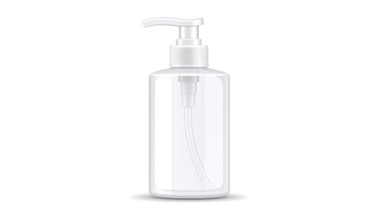 A transparent, rectangular bottle with a pump dispenser, casting a soft shadow on a white background. It is shown isolated