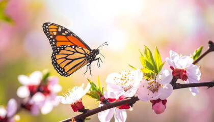 Pink butterfly flying among blooming apple blossoms in warm spring sunlight with soft, dreamy background.
