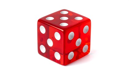 A transparent red die with white dots arranged on its six sides, sitting against a pure white background. The die is viewed at a slight angle