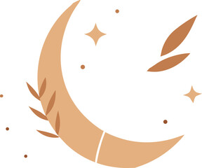 Obraz premium Boho organic crescent moon and leaves vector illustration for scalable design eps icon isolated on transparent background