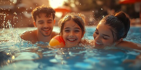 Family enjoys playful moments together in a sunny pool setting during summer