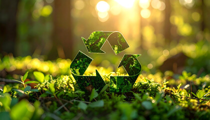 Transparent recycling symbol in sunlit forest with green foliage, representing sustainability and ecosystem preservation.