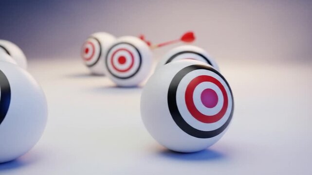 Precision strike hits bullseye on target sphere amidst scattered attempts, symbolizing strategic success and achieving goals with perfect aim.