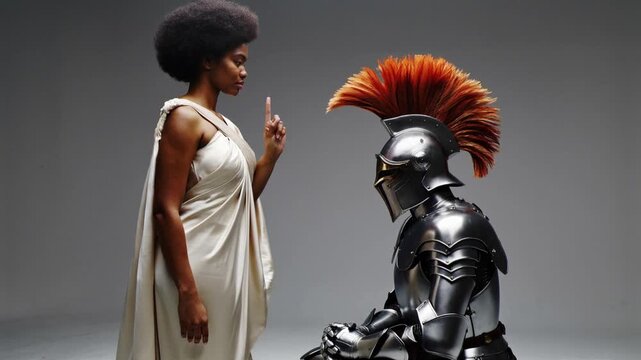 Mujer Afrodescendiente con peinado afro y vestido renacentista crema, dedo en alto con autoridad, frente a un caballero arrodillado con armadura 