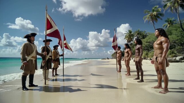 Encuentro histórico en una playa caribeña, posiblemente el primer contacto entre exploradores europeos y pueblos indígenas