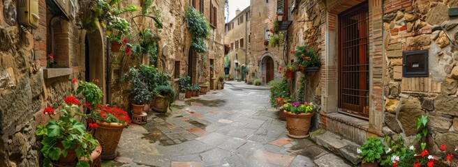 A narrow, cobblestone street in a historic European village, lined with aged stone buildings and overflowing flower pots.  The architecture is rustic and charming